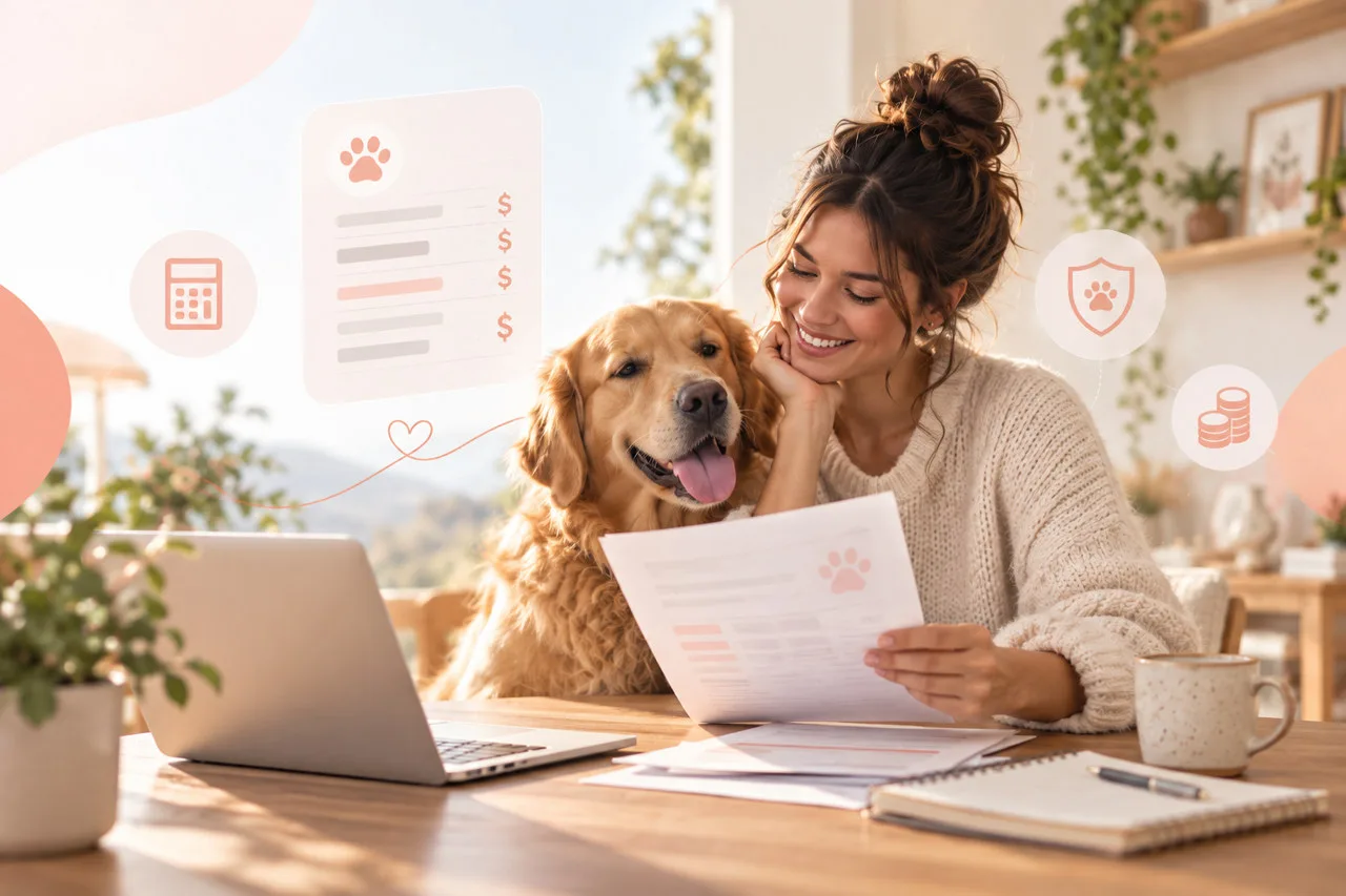 Owner using a laptop beside a golden-colored dog in a bright room